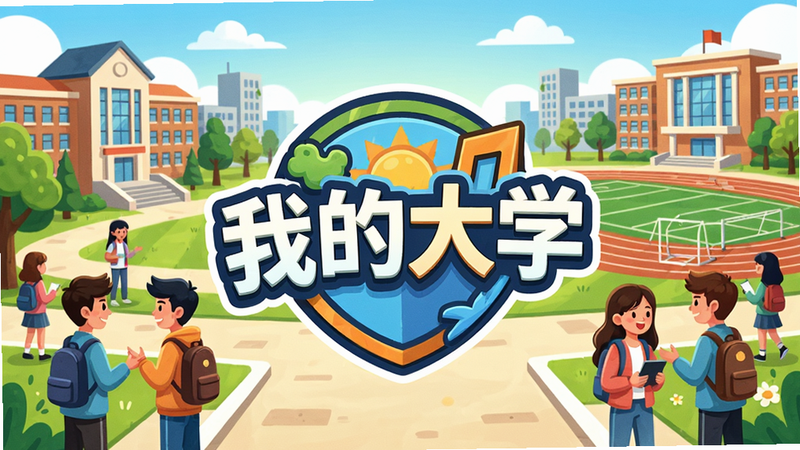 一幅充满活力的大学校园全景图,中央是“我的大学”游戏LOGO,背景有教学楼、图书馆、操场,学生三五成群在阳光下交谈,画风清新卡通,色彩明亮,细节丰富,干净无多余元素,画质高清