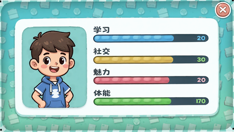 我的大学角色养成界面,人物属性面板显示学习、社交、魅力、体能等数值条,UI设计简洁清新,色彩鲜艳,卡通风格,干净无多余元素