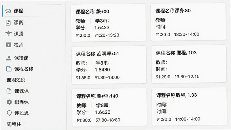 我的大学选课界面截图,左侧分类列表,右侧课程卡片,每张卡片显示课程名、教师、学分、时间,白色背景,UI扁平简洁,文字清晰,无多余元素,画质高清