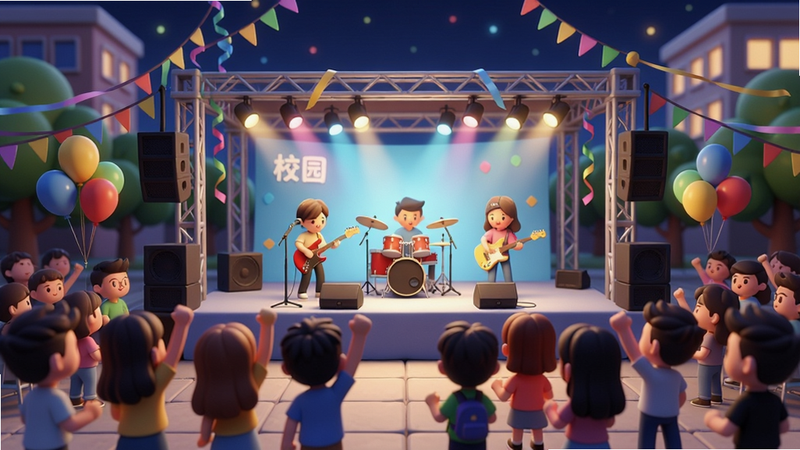 我的大学社团活动场景,一群卡通学生在广场举办校园音乐节,舞台上有乐队表演,台下观众欢呼,气球彩带,夜晚灯光璀璨,3D视角,热闹氛围,色彩缤纷,画质清晰