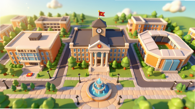 我的大学游戏主界面,3D校园全景俯视图,中心是主教学楼,左侧图书馆右侧体育馆,前方广场有喷泉,布局开阔,卡通渲染风格,色彩明亮温暖,阳光照射,画面干净,无人物,画质高清
