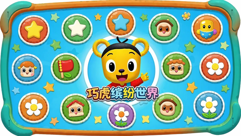 主体为一个色彩鲜艳的儿童平板界面,巧虎卡通形象位于中央,周围分布多个圆形游戏图标,布局采用圆形网格排版,风格明亮温馨卡通,细节有星星、花朵装饰,画质高清干净无多余元素,屏幕中央显示文字