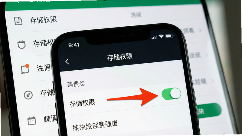主体为手机屏幕显示“存储权限”设置界面,红色箭头指向授权开关,背景为系统设置列表,布局清晰,风格简洁,画质干净,无多余元素