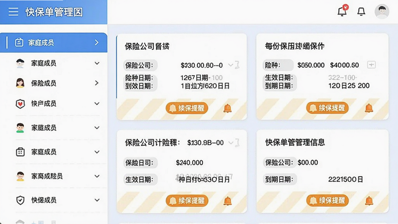 快保单管理界面,左侧是家庭成员列表,右侧显示每份保单的详细信息卡片,包含保险公司、险种、生效日期、到期日期,卡片底部有“续保提醒”标签,整体布局清晰,蓝白配色,画质细腻