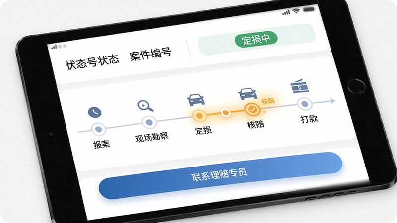 快保理赔进度页面,顶部显示案件编号和状态“定损中”,中间是时间轴:报案-现场勘察-定损-核赔-打款,当前步骤高亮,底部有“联系理赔专员”按钮,画质清晰,设计简洁