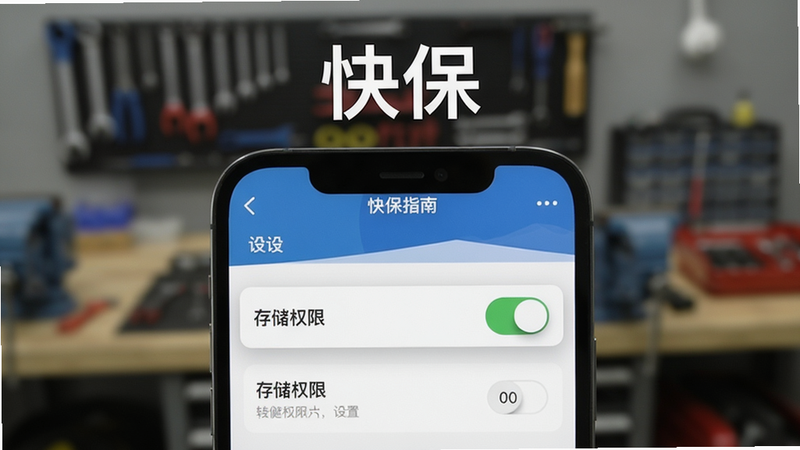 快保使用指南示意图,手机屏幕显示设置页面,突出“存储权限”开关为开启状态,背景虚化,上方有“快保”字样,画质清晰,干净无多余元素