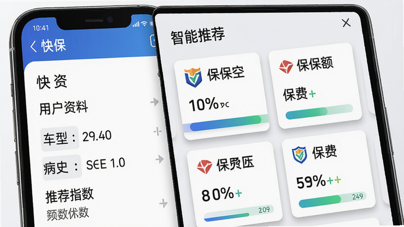 主体:手机屏幕展示“快保”智能投保页面,布局:左侧列出用户资料(年龄、车型、病史等),右侧显示推荐方案卡片列表,每张卡片含保险公司logo、保额、保费、推荐指数,顶部标题“智能推荐”,风格:商务简洁,细节:卡片有阴影、渐变色条表示推荐等级,画质:高清,干净无多余元素。
