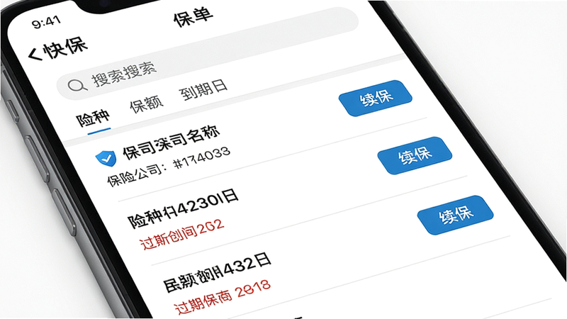 主体:手机屏幕展示“快保”保单列表页面,布局:列表显示三份保单,每份含保险公司名称、险种、保额、到期日,右侧有“续保”按钮,顶部搜索栏和分类标签,背景白色,风格:清爽列表,细节:每行有浅灰色分割线,过期保单以红色字体标注,画质:高清,干净无多余元素。