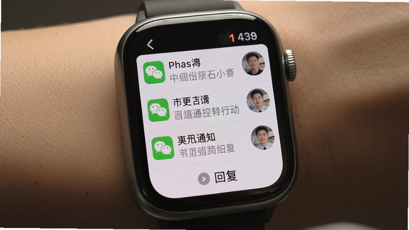 主体:手表屏幕显示微信消息通知界面,布局:手表正面视角,信息列表纵向排列,排版:简洁列表风格,细节:每条消息左侧有微信图标,右侧显示发信人头像和文字摘要,底部有