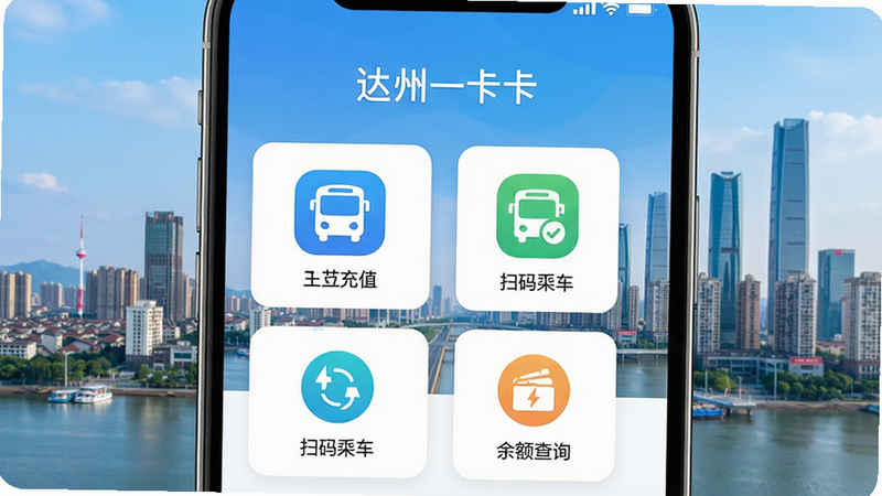 一张智能手机屏幕的特写,显示“达州一卡通”APP主界面,界面有公交卡充值、扫码乘车、余额查询等功能图标呈网格布局,背景是达州城市天际线,风格简洁现代,UI设计清晰,色彩明快,画质高清,干净无多余元素,主体居中,排版整齐。