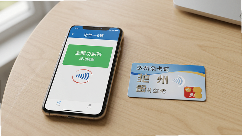 展示手机NFC贴卡充值场景,手机屏幕显示“达州一卡通”充值界面,金额已成功到账,旁边放着一张达州公交卡,背景为简约桌面,风格写实,细节清晰如NFC感应区,画质高清,光线自然,无多余元素,主体为手机和卡片居中。