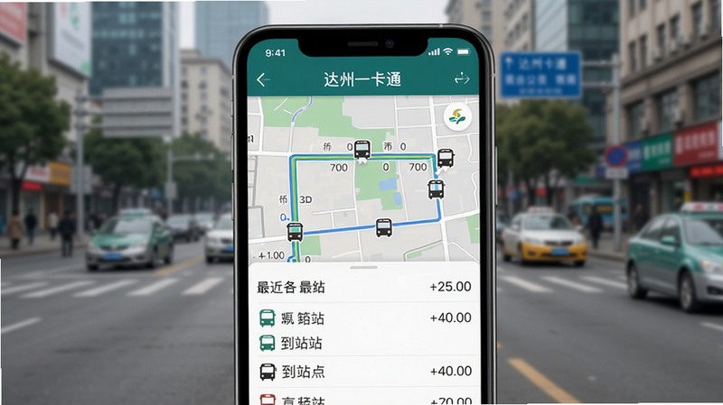 手机屏幕显示“达州一卡通”实时公交查询界面,地图上标注公交线路和车辆位置,下方列表显示最近几路公交的到站时间,背景为城市街道,风格扁平化地图,UI简洁,画质高清,无多余元素。