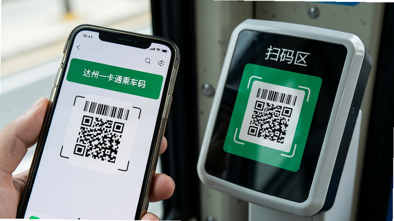 主体:公交车刷卡机扫码场景,布局:左侧为手机屏幕显示乘车码,右侧为公交车刷卡机,两者靠近准备扫码,风格:写实生活场景,细节:手机屏幕显示“达州一卡通乘车码”及条形码/二维码,刷卡机上有“扫码区”字样,画质:高清,干净,无多余元素。
