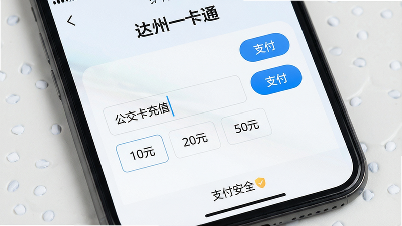 主体:手机屏幕显示达州一卡通充值界面,布局:界面中央有“公交卡充值”输入框,下方显示金额选项(10元、20元、50元),右上角有支付按钮,风格:清新简约,细节:界面顶部有“达州一卡通”标题,底部有安全提示“支付安全”,画质:高清,干净,无多余元素。