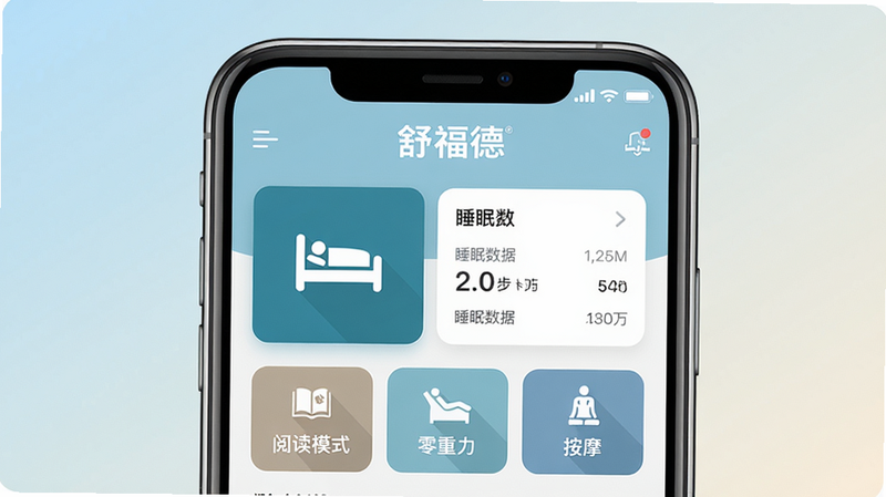���壺�渣��APP������չʾ�����֣�������ʾһ�������ֻ���Ļ����Ļ����ʾAPP��ҳ����������ͼ�ꡢ˯�����ݿ�Ƭ�����ܰ�ť���硰�Ķ�ģʽ����������������Ħ�������Ű棺�ֻ�ռ�ݻ������ģ�����Ϊ��͵Ľ���ɫ��ǳ�����װף�����񣺱�ƽ��UI��ƣ�ϸ�ڣ���Ļ�����������ɼ������渣�¡�Ʒ�Ʊ�ʶ�ڶ��������ʣ����塢�ɾ����޶���Ԫ��