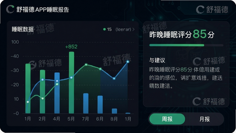 ���壺�渣��APP˯�߱�����棬���֣����Ϊ˯������ͼ������״ͼ������ͼ�����Ҳ�Ϊ�����뽨�����֣��Ű棺������ʾ������˯������85�֡����ײ��С��ܱ������±����л���ť����񣺿Ƽ��а�ɫ����������ɫ/��ɫ����������ϸ�ڣ������ڳ��֡��渣�¡�ˮӡ�����ʣ�����������㡢�ɾ�