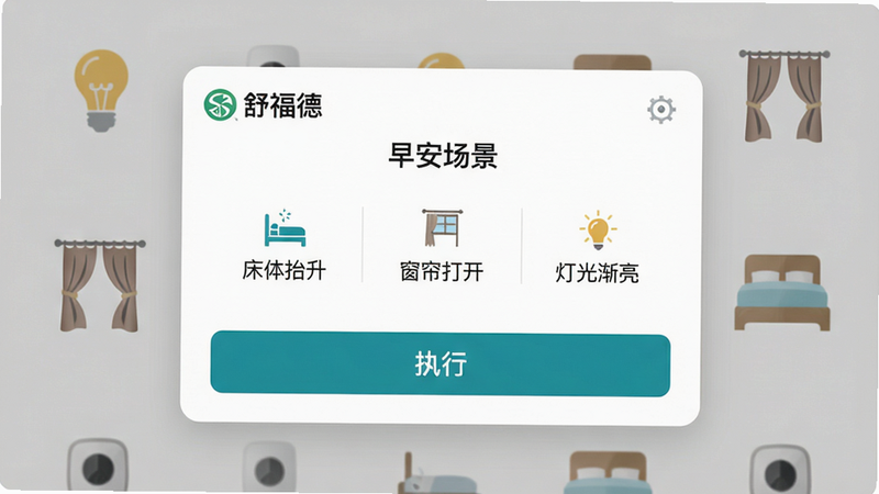 ���壺�渣��APP�����������ý��棬���֣�������ʾһ�����簲��������Ƭ���ڰ���������̧�����������򿪡����ƹ⽥�����������裬�Ű棺��Ƭ�·��С�ִ�С���ť������Ϊ���ܼҾ��豸ͼ�꣨���ݡ���������������񣺼�Լ��Ƭʽ��ƣ�ϸ�ڣ���Ƭ���Ͻ��С��渣�¡�logo�����ʣ��ɾ����������޶���Ԫ��