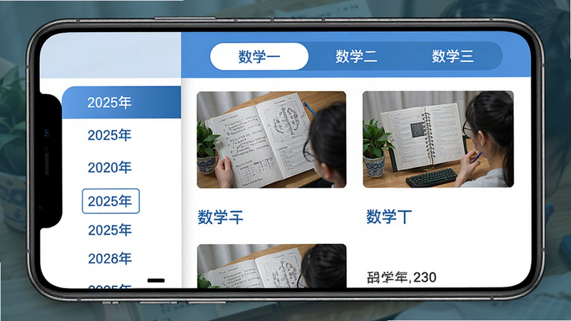 考研数学真题列表界面,左侧显示年份导航栏如