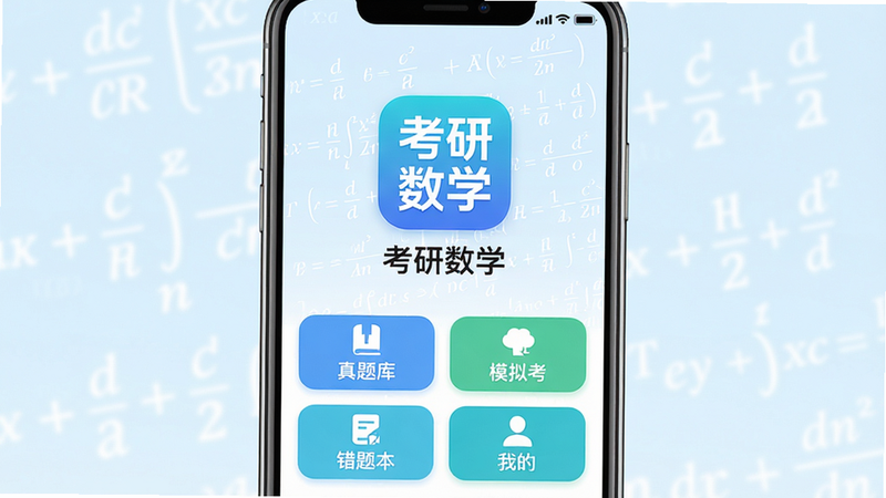 考研数学APP主界面展示,背景为淡蓝色数学公式,中央显示