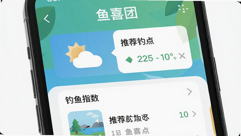 主体:手机屏幕展示鱼喜团App主界面,布局:居中显示,排版:界面包含天气图标、钓鱼指数、推荐钓点列表,风格:扁平化设计,色彩清新自然,细节:文字“鱼喜团”在顶部,画质高清,干净无多余元素