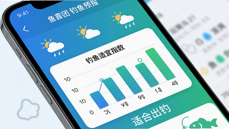 主体:手机屏幕显示钓鱼预报界面,布局:上方有日期和天气图标,中间是“钓鱼适宜指数”柱状图,下方有建议“适合出钓”,风格:数据可视化清晰,色彩蓝绿渐变,细节:文字“鱼喜团 钓鱼预报”,画质高清,干净