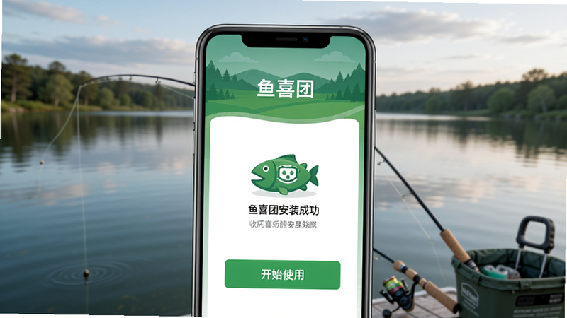 手机屏幕显示鱼喜团安装成功界面,背景是钓鱼风景图,中间有“开始使用”按钮,画质高清,干净无多余元素
