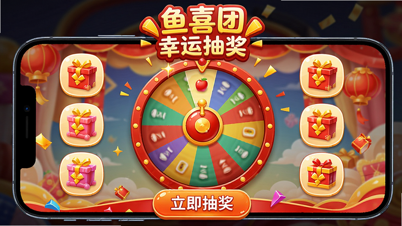 主体:手机屏幕展示抽奖转盘界面,布局:中心是大转盘,周围有奖品图标,底部有“立即抽奖”按钮,风格:喜庆活泼,色彩红黄搭配,细节:文字“鱼喜团 幸运抽奖”,画质高清,干净