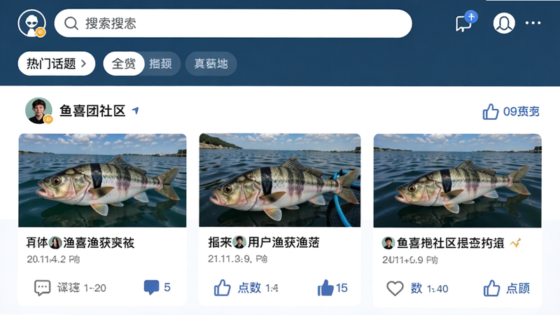 主体为鱼喜团社区动态页面,展示用户发布的渔获照片和文字描述,有评论和点赞按钮,顶部有搜索框和“热门话题”标签;布局类似社交APP,风格时尚,细节包括头像和互动数字,画质干净。