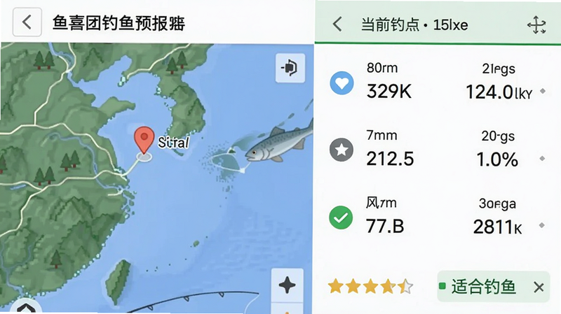 主体为鱼喜团钓鱼预报功能截图,左侧显示地图定位,右侧显示当前钓点的温度、气压、风力数据,底部有星级评分和“适合钓鱼”文字提示;布局左右分栏,风格简洁,细节包括数据图标,画质清晰,干净无多余元素。