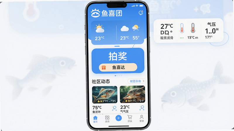 主体为鱼喜团APP首页,布局采用上下结构,上方显示“鱼喜团”logo和天气预报卡片,中部为抽奖入口和社区动态缩略图,底部为导航栏;排版简洁,卡片圆角;风格清新蓝色调,细节包括温度、气压数据,画质高清,干净无多余元素。