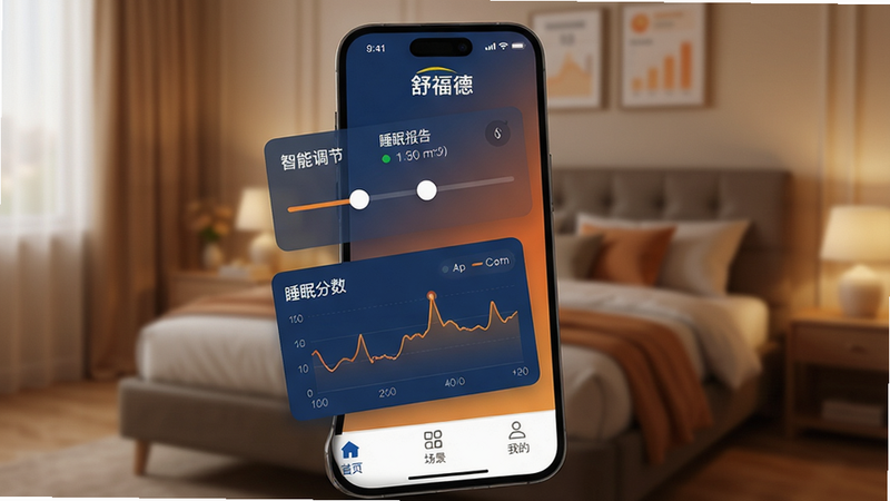 一张展示舒福德智能床APP手机界面的图片,界面布局为卡片式,顶部显示“舒福德”品牌标识和当前连接状态,中部有床垫角度调节滑块、睡眠分数、心率曲线图,底部导航栏包含“首页”“场景”“我的”。整体风格为现代扁平化,色调以深蓝与暖橙渐变为主,背景虚化处理为温馨卧室环境。画质高清,干净无多余元素,所有文字如“智能调节”“睡眠报告”均清晰可辨。