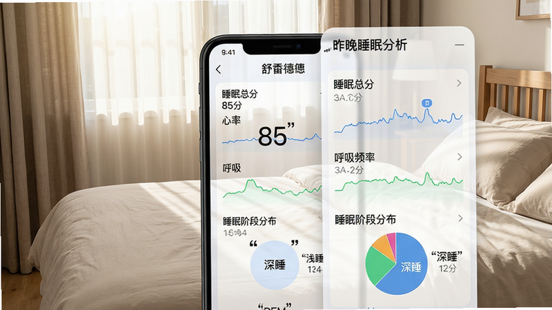一张展示舒福德APP睡眠报告页面的图片,主体为手机屏幕显示“昨晚睡眠分析”卡片,从上到下依次为:睡眠总分85分、心率曲线(蓝色)、呼吸频率曲线(绿色)、睡眠阶段分布饼图。背景为清晨阳光透过窗帘洒在床上的场景,床品整洁。布局为纵向信息流,风格清新简约,画质通透,文字如“深睡”“浅睡”“REM”加引号标注,整张图干净无杂乱元素。