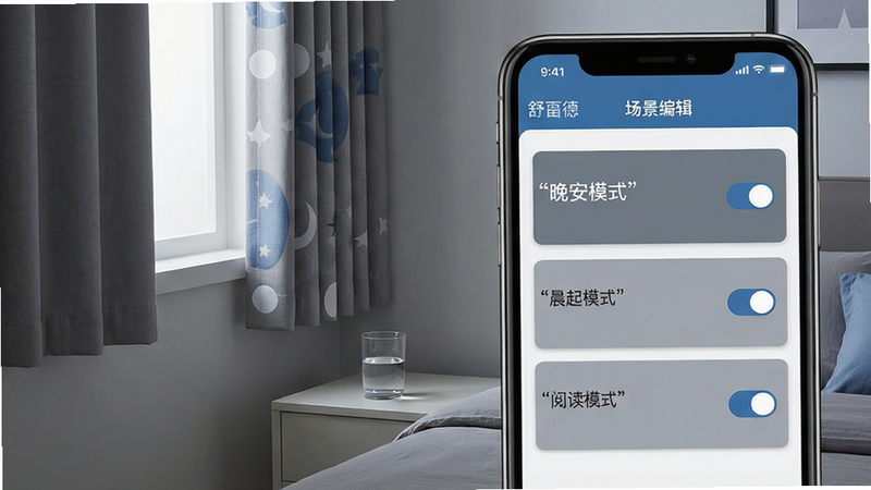 一张展示舒福德APP场景联动页面的图片,主体为手机屏幕显示“场景编辑”界面,列表包含“晚安模式”“晨起模式”“阅读模式”三个卡片,每个卡片右侧有开关按钮。背景为卧室一角,智能窗帘半开,床头柜上放着一杯水。布局网格化,风格简洁智能家居风格,色调以灰色和蓝色为主,画质干净,文字如“晚安模式”加引号标注。