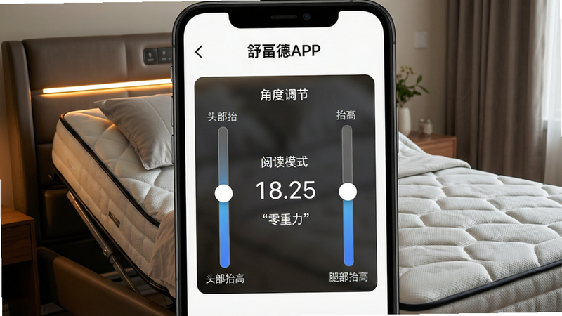 一张展示舒福德APP智能调节界面的图片,主体为手机屏幕截图显示“角度调节”滑块区域,左边是“头部抬高”竖条滑块,右边是“腿部抬高”竖条滑块,中间显示当前角度数值。背景为一张电动智能床正在缓慢升起,床垫表面纹理细腻,床头灯带发出暖光。布局左右对称,风格为科技感UI与实景结合,画质清晰,光影自然,无多余元素,文字如“阅读模式”“零重力”加引号标注。