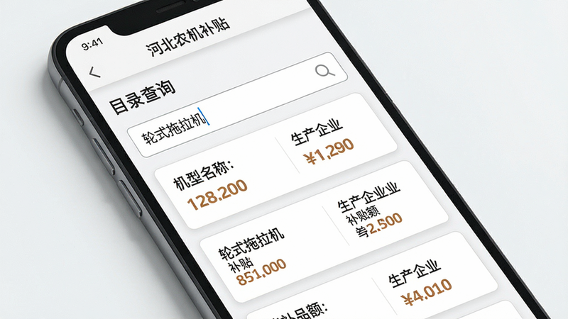 主体:手机屏幕上显示“河北农机补贴”的“目录查询”搜索结果页,输入框内输入“轮式拖拉机”,下方列出多个型号及对应补贴金额。布局:手机竖屏,白色背景。排版:搜索结果以卡片形式展示,每张卡片包含机型名称、补贴额、生产企业。风格:现代化、简洁。细节:输入框有放大镜图标,卡片带浅灰色边框。画质:高清、干净。