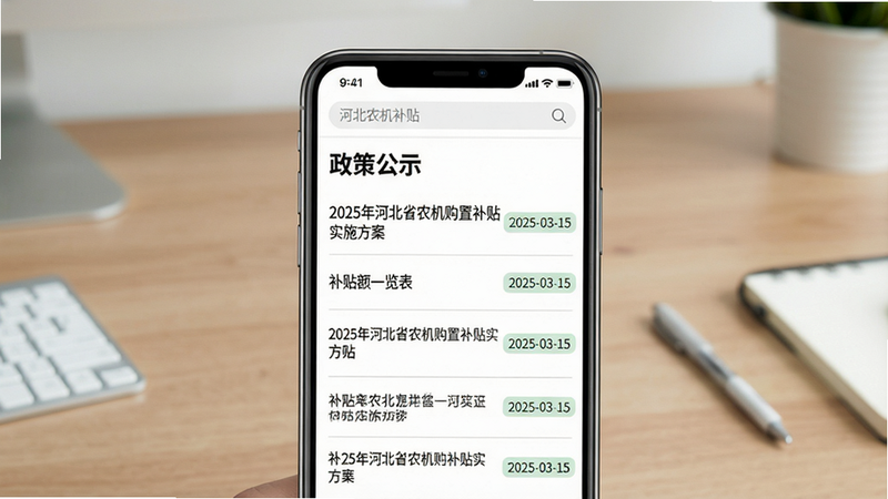 主体:手机屏幕上显示“河北农机补贴”的“政策公示”页面,列表项为2025年河北省农机购置补贴实施方案、补贴额一览表等。布局:手机竖屏居中,背景为简洁书桌。排版:页面标题“政策公示”加粗,列表项带灰色分割线。风格:扁平化UI、清晰易读。细节:列表项右侧有“2025-03-15”日期标签,顶部有搜索框。画质:高清、干净、无多余元素。