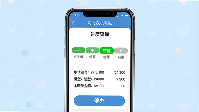 主体:手机屏幕上显示“河北农机补贴”的“进度查询”页面,进度条显示“已结算”绿色状态,下方有申请编号、机型、金额等信息。布局:手机竖屏居中,浅蓝色背景。排版:进度条分四段,当前段高亮绿色,其他为灰色。风格:信息可视化、亲和。细节:进度条下方有“催办”按钮,字体为白色。画质:高清、无多余元素。