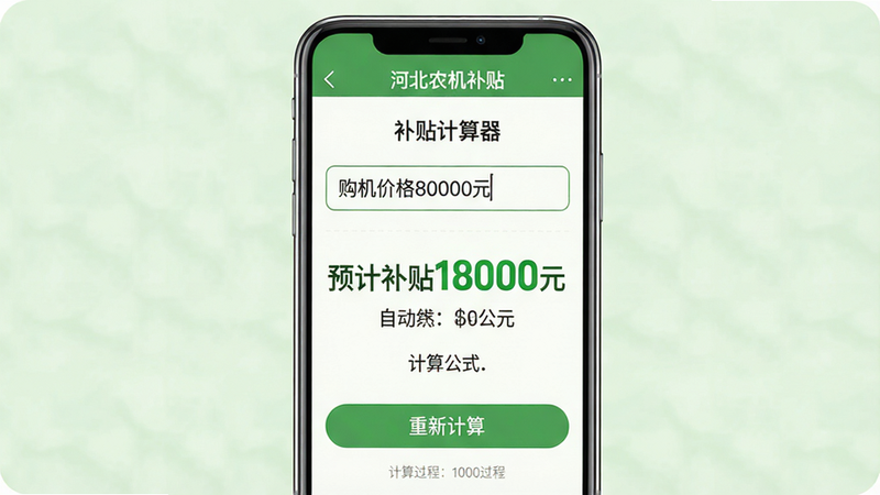 主体:手机屏幕上显示“河北农机补贴”的“补贴计算器”界面,输入框中已填入“购机价格80000元”,下方自动算出“预计补贴18000元”并附带计算公式。布局:手机竖屏居中,背景为淡绿色。排版:输入框圆角,计算结果用大号绿色字体突出。风格:实用、清爽。细节:下方有“重新计算”按钮,计算过程以浅灰色小字显示。画质:高清。