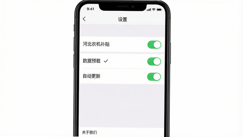 主体:一张手机截图显示“河北农机补贴”APP设置页,突出“数据预载”“自动更新”选项被勾选。布局:手机竖屏居中,背景为白色。排版:设置列表项带开关按钮,绿色表示开启。风格:功能截图、清晰。细节:屏幕顶部显示“设置”标题,底部有“关于我们”入口。画质:高清、干净。