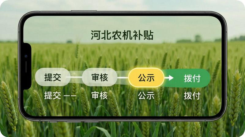 手机界面显示申请进度流程条,四个步骤“提交-审核-公示-拨付”,当前步骤高亮,背景为绿色麦田,风格简约,细节有“河北农机补贴”字样,画质干净。