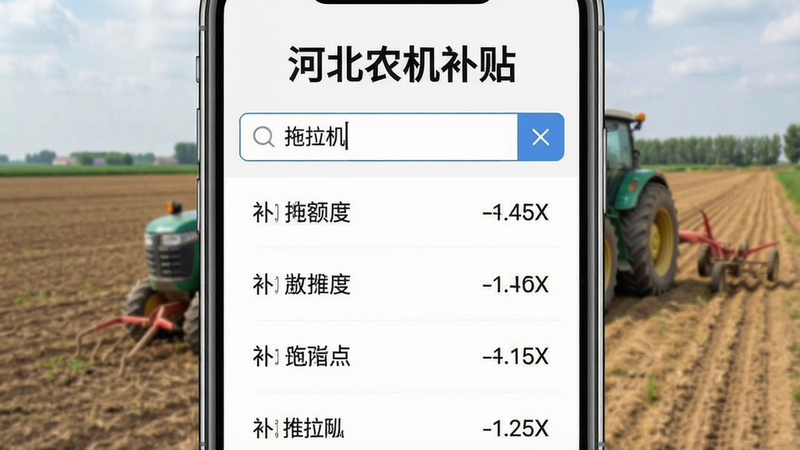 手机屏幕显示补贴政策查询界面,搜索框输入“拖拉机”,下方列表展示补贴额度,背景为农田,风格写实,布局左右对称,文字清晰“河北农机补贴”,画质高清。