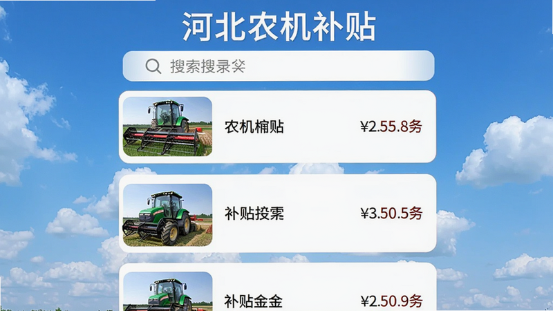 手机屏幕显示农机目录列表,每行有农机图片和名称、补贴金额,顶部搜索栏,背景为蓝天白云,排版卡片式,文字“河北农机补贴”在顶部,画质清晰。