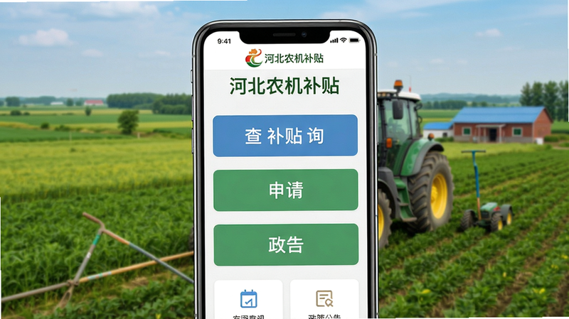 一张展示河北农机补贴App主界面截图,手机屏幕居中,背景为农业田园风光,界面显示补贴查询、申请入口、政策公告等按钮,排版整洁,风格扁平化,细节包括“河北农机补贴”logo,画质高清,干净无多余元素。