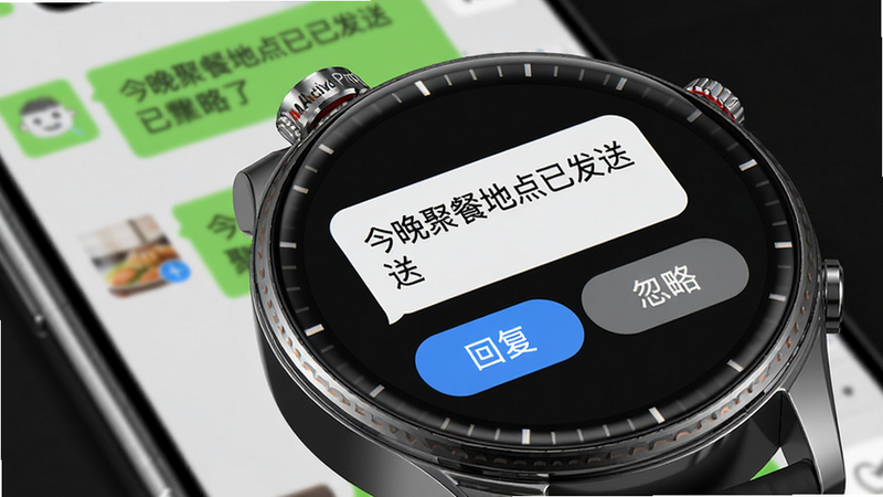 主体:手表屏幕显示微信消息预览界面,内容为“今晚聚餐地点已发送”,下方有“回复”和“忽略”按钮;布局:手表全屏特写,背景为模糊的手机微信聊天记录;排版:消息气泡采用圆角设计,“回复”按钮为蓝色,“忽略”为灰色;风格:拟物化与扁平结合,真实感强;细节:手表表冠有MActivePro标识,表盘边缘有细微反光;画质:超清,无多余元素