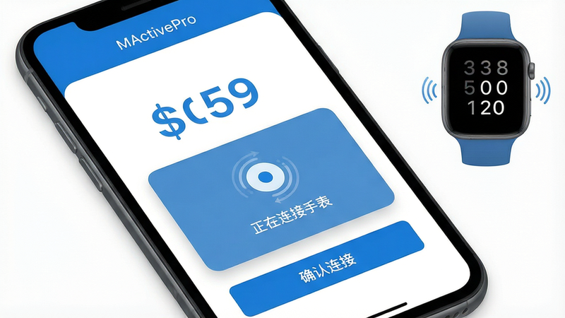 主体:MActivePro应用配对界面,手机屏幕中央弹出“正在连接手表”动画,手表屏幕显示配对码;布局:手机全屏展示应用界面,手表作为小图悬浮在右上角;排版:界面顶部有“MActivePro”字样,中部大号数字配对码,底部“确认连接”按钮高亮;风格:扁平化UI设计,色彩以蓝色和白色为主;细节:手表屏幕上显示六位数字,手机震动反馈图标;画质:高清,干净无杂色