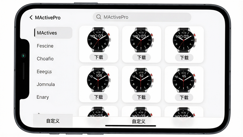 主体:手机屏幕显示MActivePro表盘商店,左半边是分类导航,右半边是表盘缩略图网格;布局:九宫格排列表盘预览图,每张图下方有表盘名称和“下载”按钮;排版:顶部搜索栏居中,底部有“自定义”入口;风格:卡片式设计,圆角矩形,白色背景;细节:每个表盘缩略图显示实际时间,数字时钟与指针并存;画质:高清,无多余元素