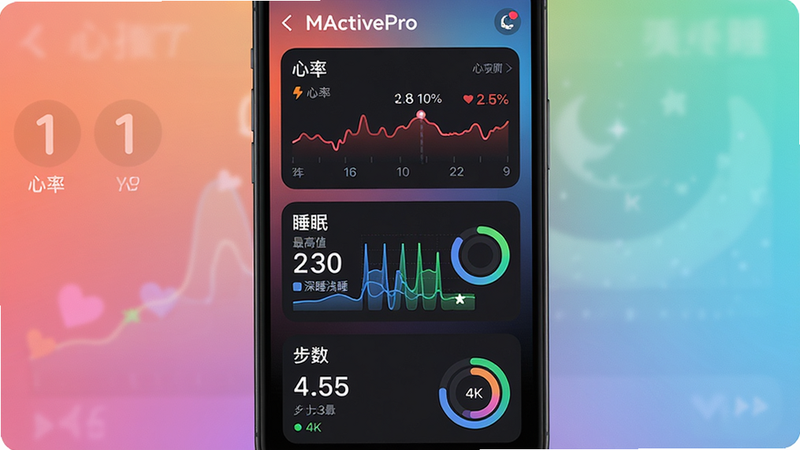 主体:手机屏幕展示MActivePro健康数据看板,包含心率曲线、睡眠周期图、步数统计环;布局:三个卡片式图表竖向排列,背景为渐变色;排版:每个卡片左上角有中文标签“心率”“睡眠”“步数”,数据使用阿拉伯数字与彩色圆环;风格:科技感现代化UI,深色模式;细节:心率曲线标注最高值和最低值,睡眠图区分深睡浅睡;画质:4K,干净明亮