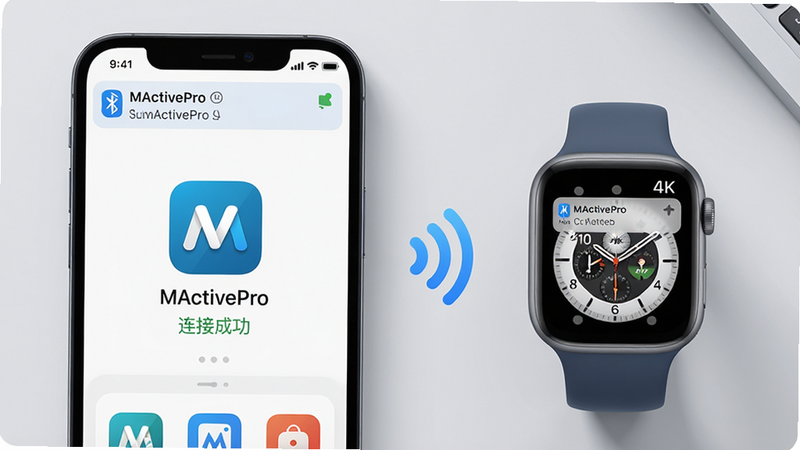 主体:一部智能手机屏幕显示MActivePro应用主界面,旁边放置一块智能手表,手表屏幕同步显示通知消息;布局:手机与手表并列,手机居左,手表居右,两者之间用蓝色无线信号图标连接;排版:手机界面清晰展示“MActivePro”应用图标及“连接成功”状态,手表表盘为默认经典风格;风格:写实渲染,明亮简约,背景为浅灰色桌面;细节:手机通知栏显示蓝牙已连接,手表表带为硅胶材质;画质:4K超清,干净无多余元素