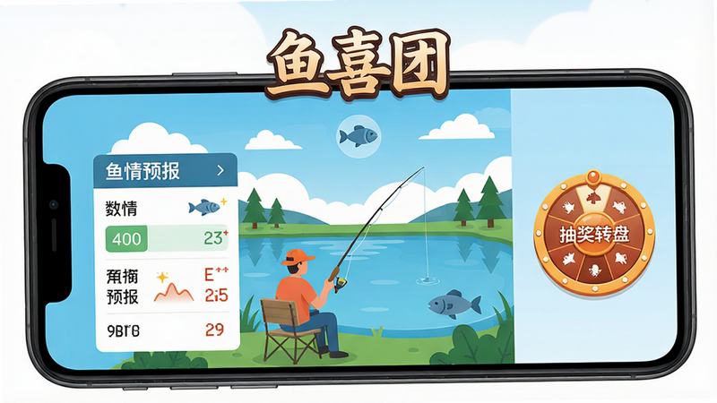主体:手机屏幕展示鱼喜团应用界面,布局:居中显示一个湖泊钓鱼场景,左侧有“鱼情预报”数据面板,右侧有“抽奖转盘”按钮,排版:顶部是软件名称“鱼喜团”繁体艺术字,风格:扁平化插画风格,细节:背景有蓝天白云和鱼群图标,画质:高清,干净,无多余元素,文字:“鱼喜团”