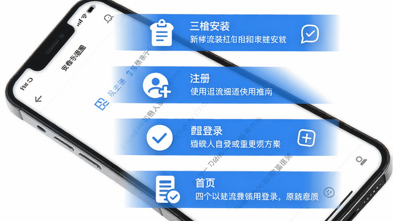 三衢App使用指南流程示意图,从上到下展示安装、注册、登录、首页四个步骤,每个步骤配简洁图标和文字说明,手机竖屏,白色背景,蓝色主色调,高清画质
